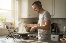 Person cooking while listening to audio.